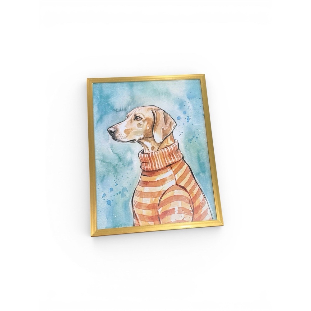 Watercolor Style Print Dog In A Sweater On Linen Paper With A Gold Frame 12x16